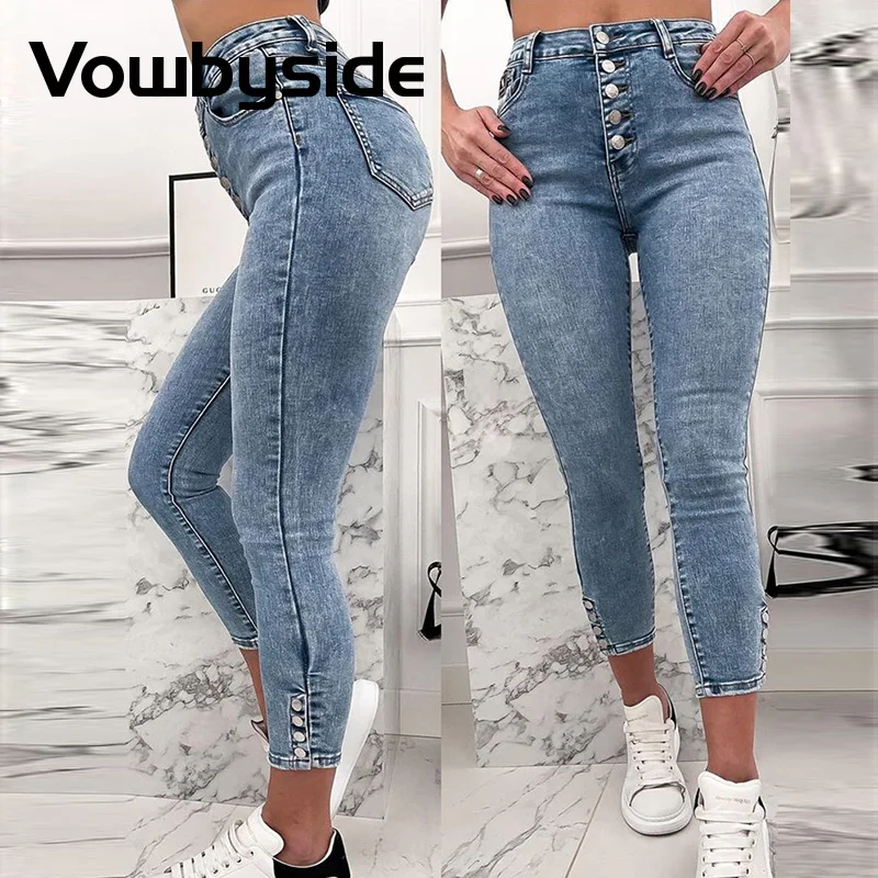 

Solid Color High Waist Skinny Jeans Women Button Front Casual Denim Pants