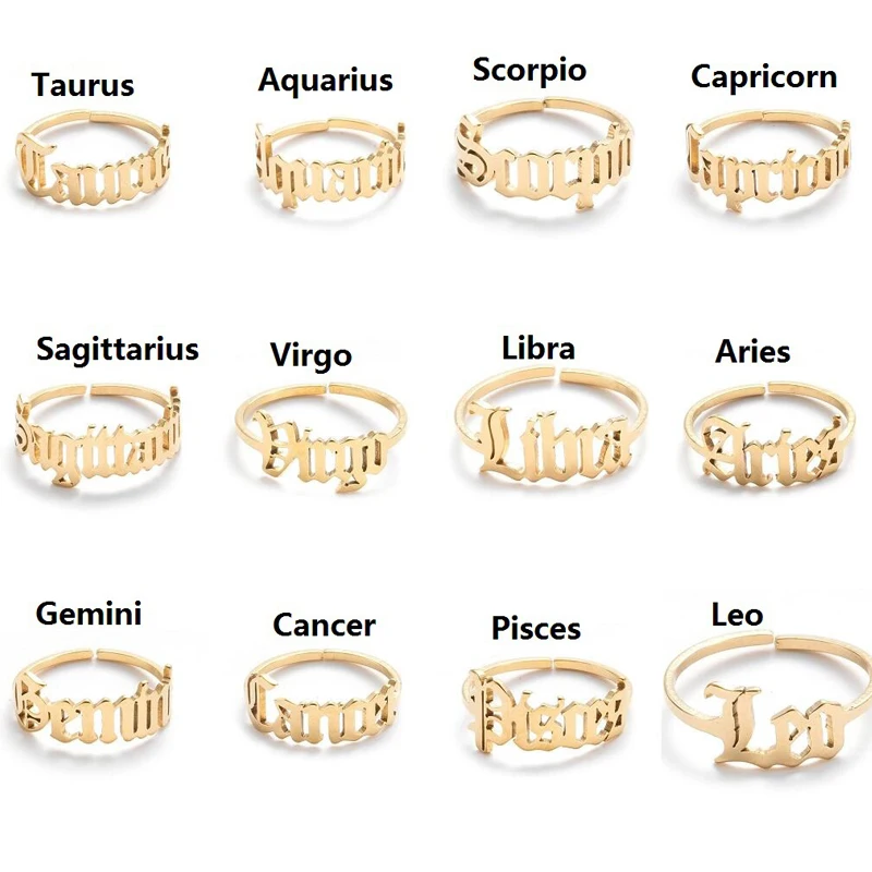 

Adjustable Gold Silver Color Stainless Steel Twelve Constellation Opening Ring For Women Zodiac Sign Party Jewelry Aries Leo
