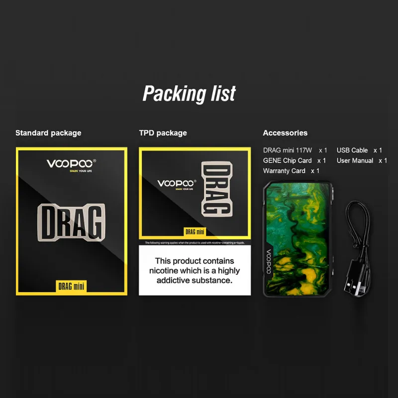 100% Оригинальный Voopoo Drag Mini Vape Box Mod 4400Mah Встроенный аккумулятор 117W выход положить 510