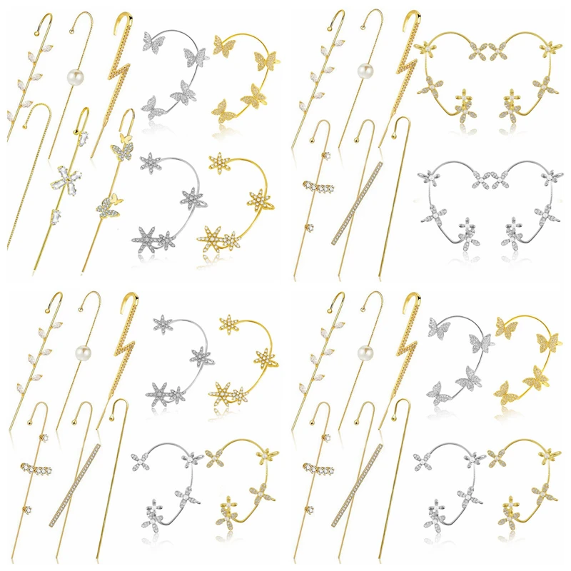 2022 Ear Wrap Earrings Elegant Crystal Craved Gold-tone Crawler Hook Earrings Classic Rhinestone Piercing Ear Cuff For Women