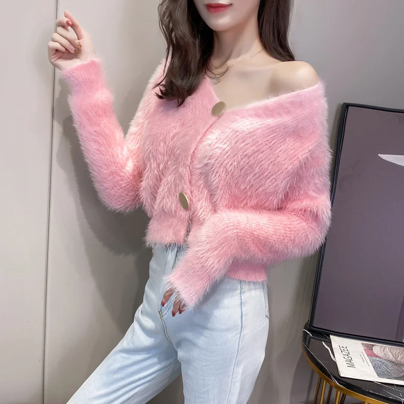 Розовый шикарный мохеровый свитер из норки Женский французский стиль |