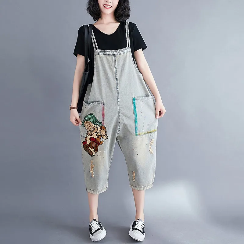 

Women Summer Denim Casual Jumpsuits New Arrival 2021 Fashion Cartoon Embroidery Loose Female Spaghetti Strap Jeans Rompers B013