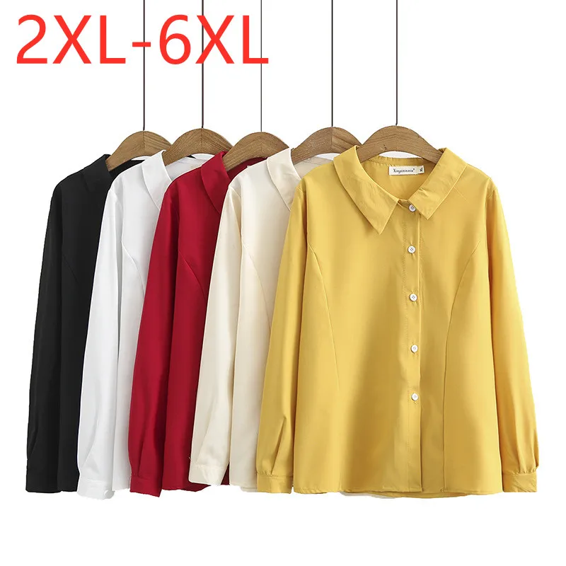 

New 2021 Ladies Spring Autumn Plus Size Tops For Women Large Long Sleeve Loose Button Yellow Skew Collar Shirt 3XL 4XL 5XL 6XL