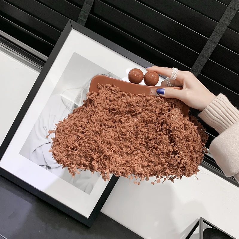 Женская меховая сумка, сумка на плечо с кисточками, вечерняя сумочка, клатч, акриловый зажим, сумка через плечо, сумка на цепочке, вечерние, свадебные