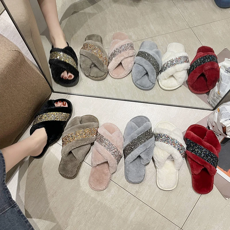 

Домашние тапочки с искусственным мехом, Прямая поставка, зимняя женская модная теплая обувь, женские домашние тапочки, женские сланцы без з...