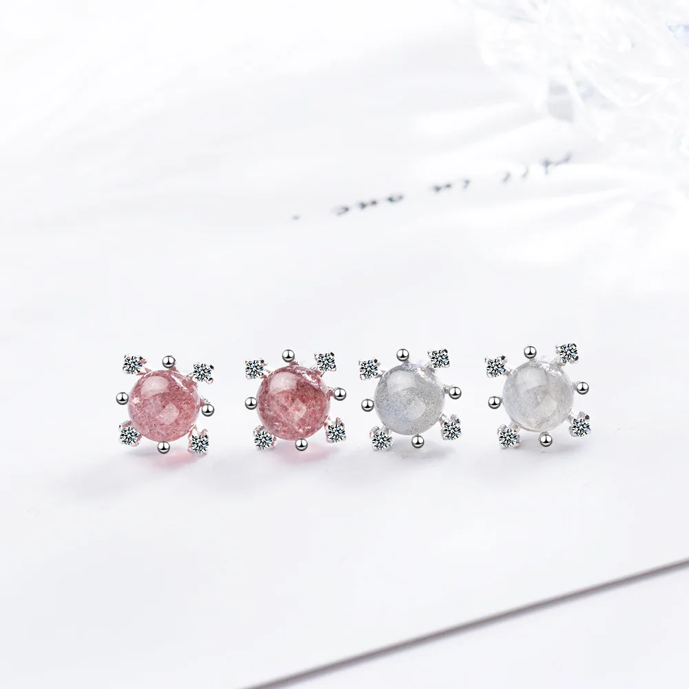 New Arrival Strawberry Crystal Moonstone Snowflake Stud Earrings top quality For Women Zircon Brincos Bijoux | Украшения и