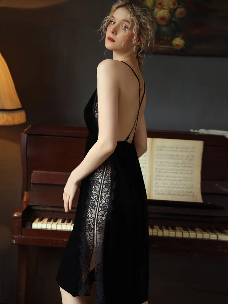 

Sexy Nightgown Women Sleepwear Fall/winter Gold Velvet Beauty Back Suspender Dress Lace Side Split Temptation Hot Nightdress