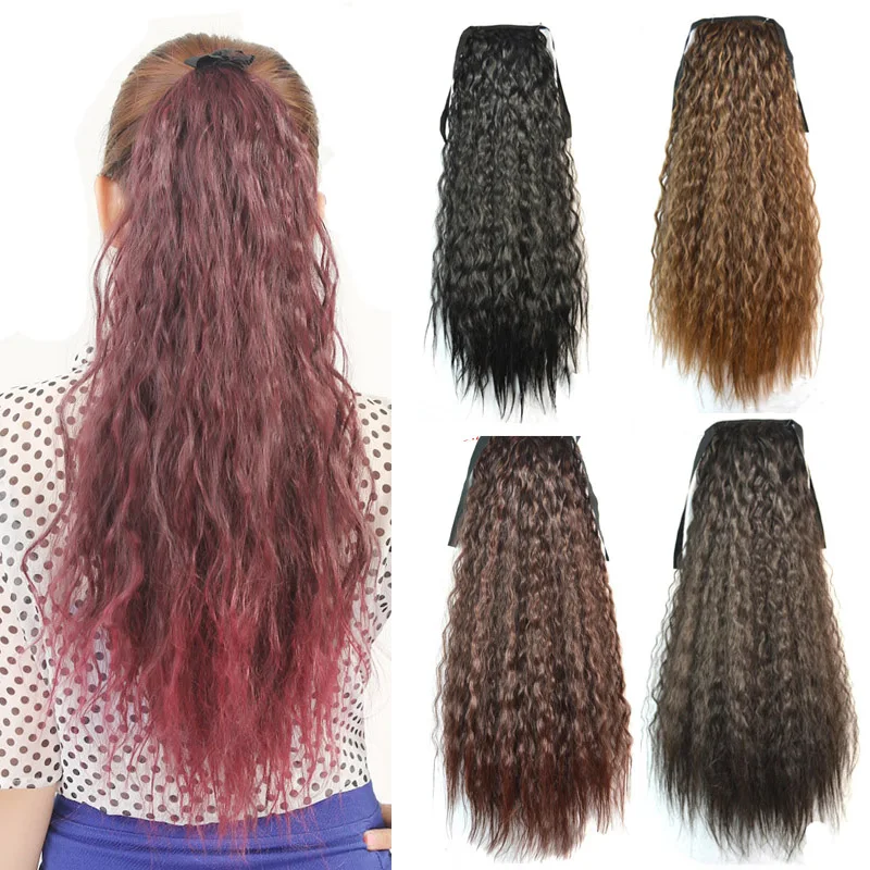 

Long Kinky Straight Hair Drwstring Ribbon Ponytail Extension Cute Hairpieces Pink Blue Color 24inch 60cm