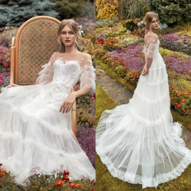 

2020 Wedding Dresses Jewel Half Sleeves Lace Appliques Bridal Gowns Gorgeous Backless Sweep Train Boho A Line Wedding Dress