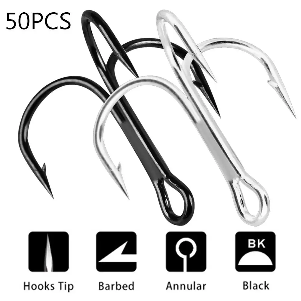 

50Pcs Treble Fishing Hooks Carbon Steel Barbed Fishhooks Super Sharp Triple Hooks Sea Tackle Accessories Fishing Circle Jig Hook