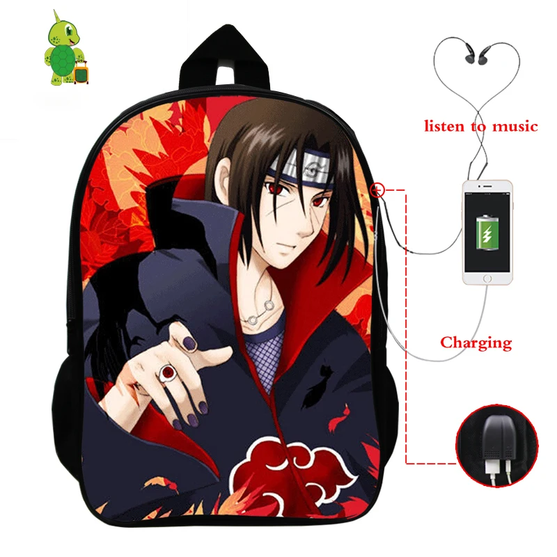 Рюкзак Naruto с USB-зарядкой для подростков школьные ранцы мальчиков и девочек сасуке