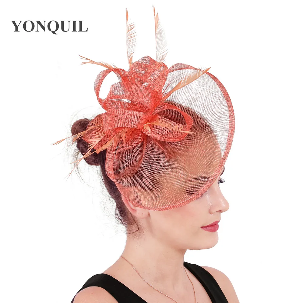 Коралловая шляпа-Вуалетка для волос церковная шляпа Sinamay шоу Очаровательная
