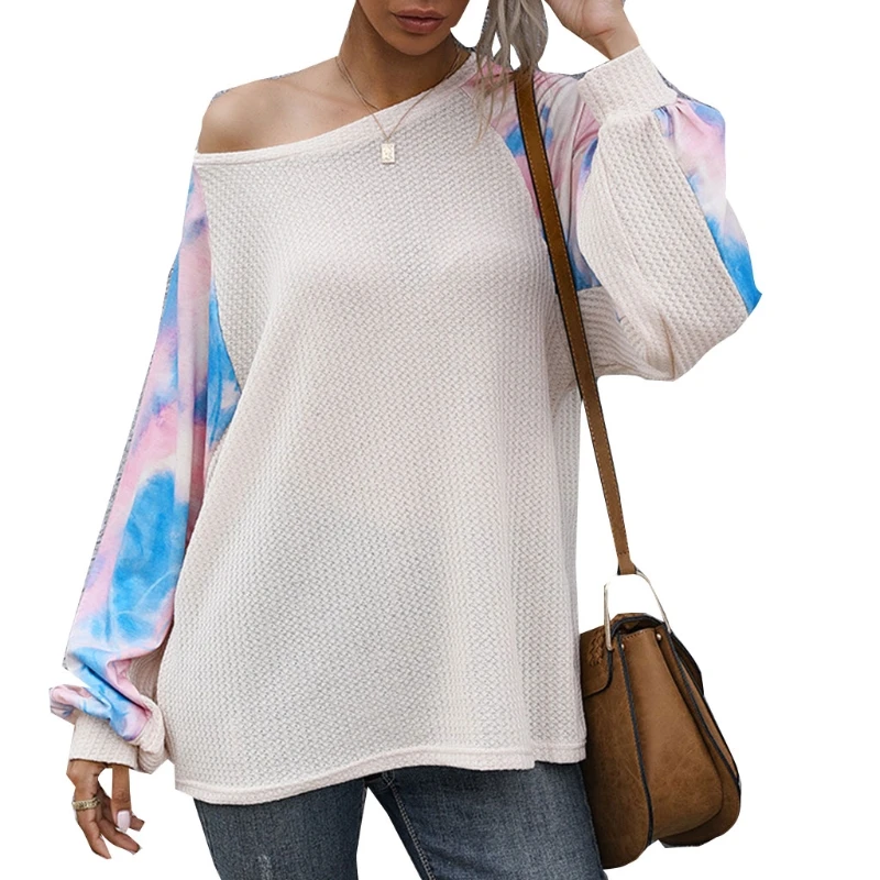 

Women Casual Tie-Dye Long Sleeves Spliced Loose T-Shirts Round Neck Tops Female Shirts Pullover
