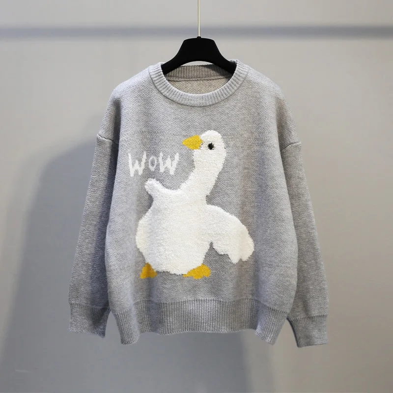 Мужской вязаный свитер с круглым вырезом и мультяшным рисунком утки гуся |