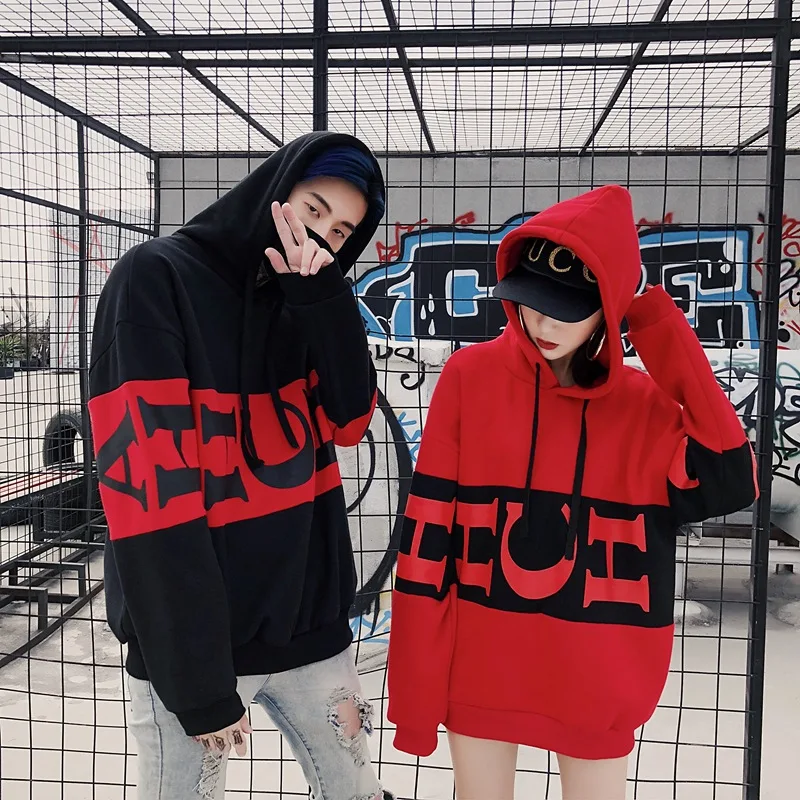 

Real Shot New National Tide Plus Velvet Long-sleeved Hooded Men's and Women's Couple Sweaters Korean Students Loose Pullovers