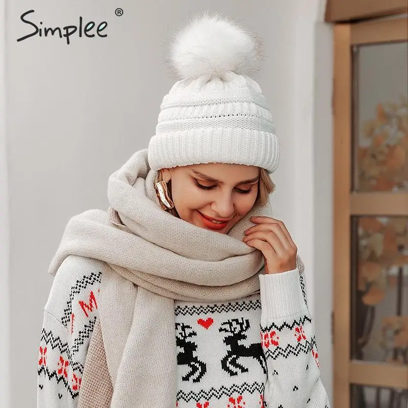 Simplee съемная меховая шапка с помпоном зимняя элегантная женская сплошная шикарная Осенняя шапка бини Уличная Повседневная Женская теплая мягкая шапка для женщин