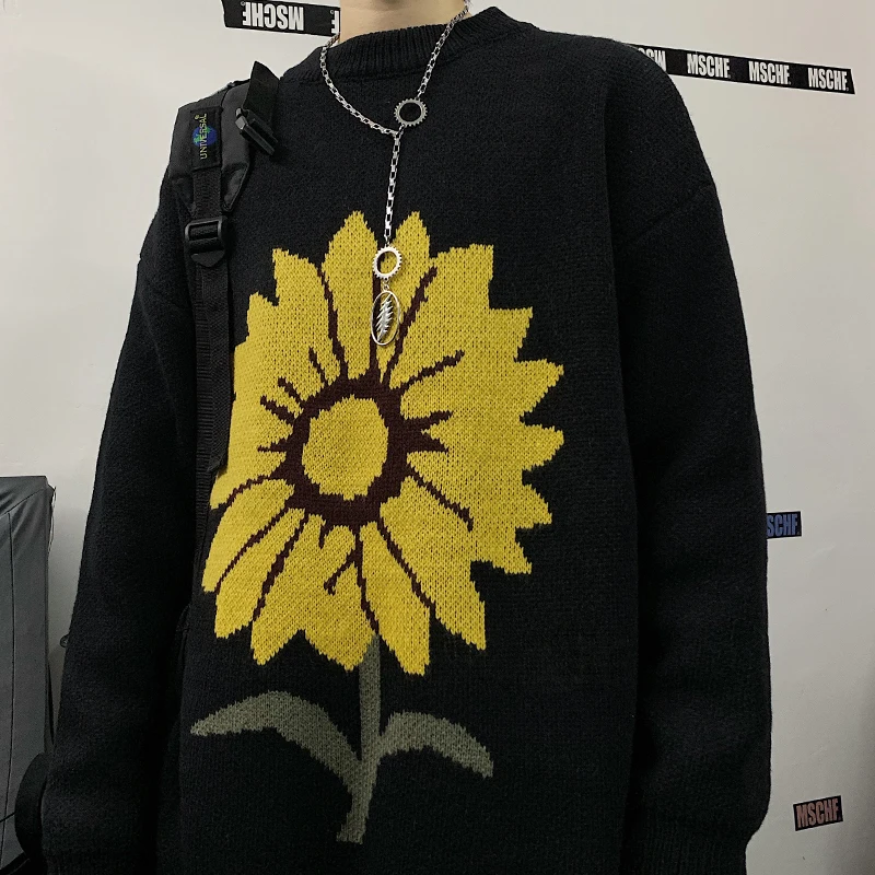 

Vintage Sunflower Sweater Ins Harajuku Flower Sweater Women Loose Round Neck Long Sleeve Thick Sweater Oversize Sweater Female