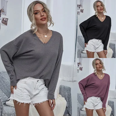 

2020 Women's Knitted Sweater New V Neck Grid Fasion Cascual Sweatshirt Long Sleeve Large Size Hot Selling Pure Color