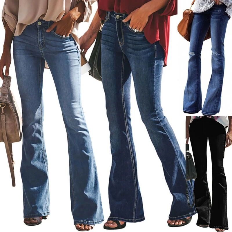 

Women Flare Jeans Skinny Denim Stretch Retro Slim Fit Bell Plain Casual