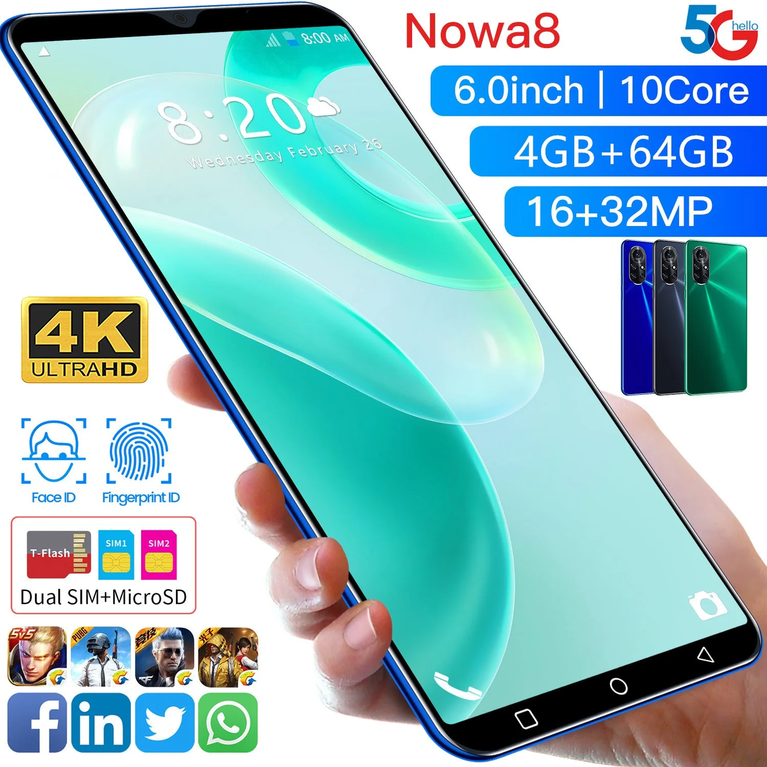 

Смартфон Nowa8, 6,0 дюйма, MTK6889, 9,1 ядер, 4800 мАч, 4 ГБ, 64 ГБ, 12 Мп + 32 МП, распознавание лица, 2021, глобальная версия, мобильный телефон, 3G, 5G