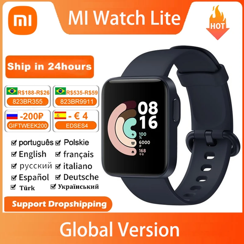 

Умные часы Xiaomi Mi Watch Lite глобальная версия дюйма, сенсорный экран, GPS, пульсометр, фитнес-трекер, водонепроницаемые 5 АТМ, будильник, спортивные...