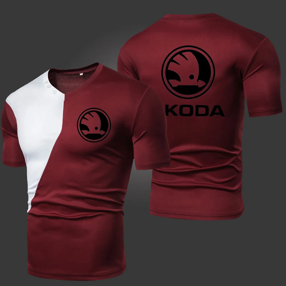 

Summer New Skoda Men's T-Shirts Solid Color Splicing Casual Breathable Sports Slim Fitting Short Sleeve V-Neck Spotswear
