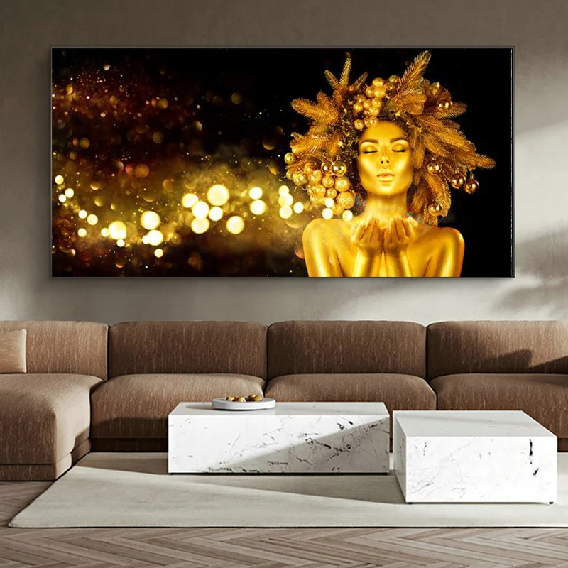 

Abstract Golden Black Woman Holding Jewelry Canvas Paintings Wall Art Posters and Prints Wall Art Pictures for Living Room