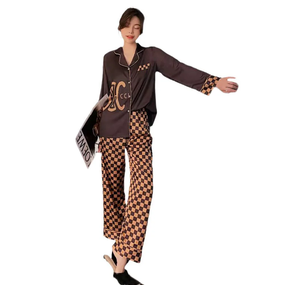 

Pajamas Women Spring and Autumn Thin Long-sleeved Silk Home Service Summer Two-piece Suit Ladies Plus Size Sleep Wear