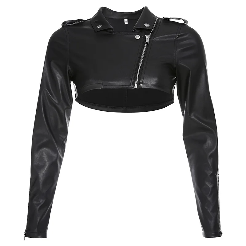

Classic Black PU Leather Jacket Women Cool Slim Short Motorcycle Jackets Ladies Zipper Coat Basic Outerwear Top