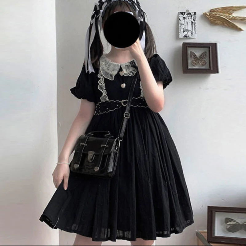 

Summer Japanese Soft Girl Lolita Dress Harajuku Dark Gothic Black Kawaii Cute Dress Sweet Doll Collar Puff Sleeve Princess Dress
