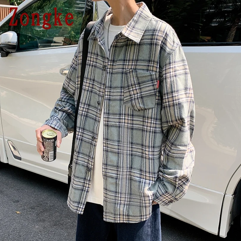 

Zongke Plaid Shirt Men Clothing Harajuku Tops Shirts For Men Fashion Japanese Streetwear Korean Clothing M-4XL 2021 New Arrivals