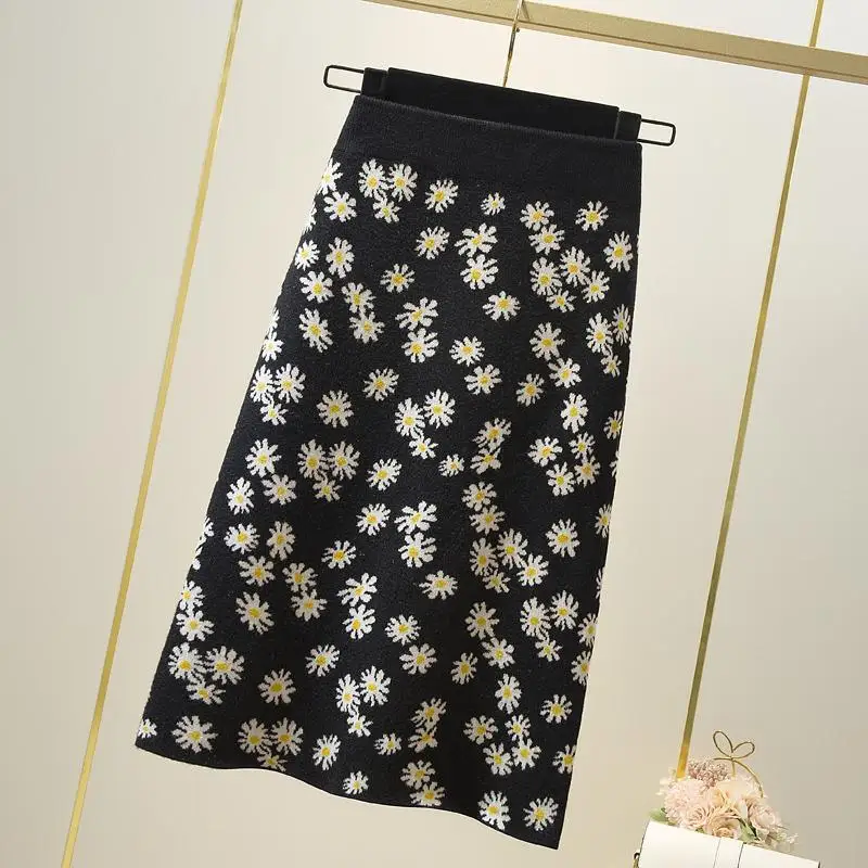 

Knitting High Waist Skirt Women Fashion Floral Daisy 2021 Autumn Long Female Harajuku Korean Style Streetwear Elegant Y116