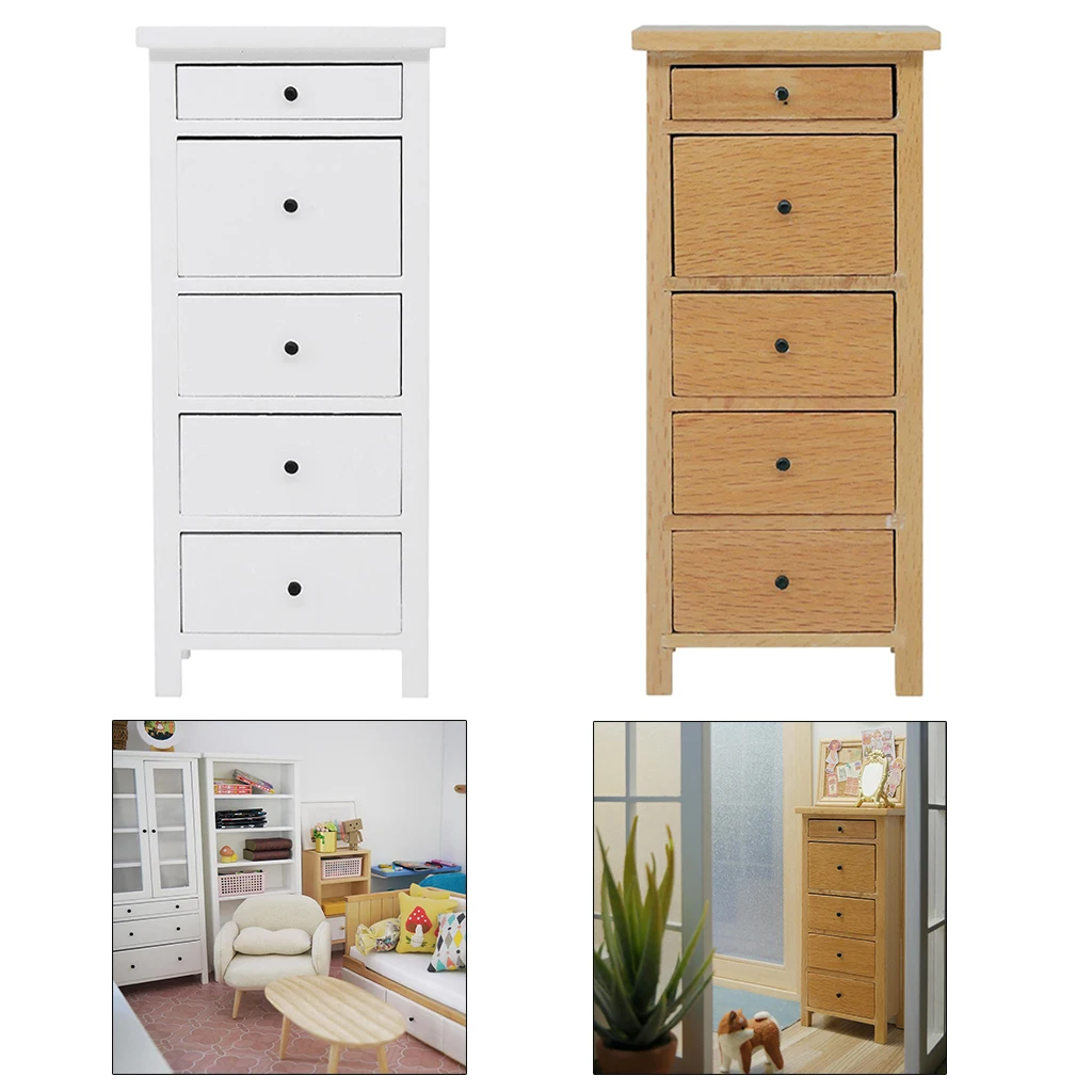 

1/10 Tall Chest of Drawers Model Toys Dollhouse Furniture for Mini Bedroom Living Room Decor Pretend Play Toys for Kids