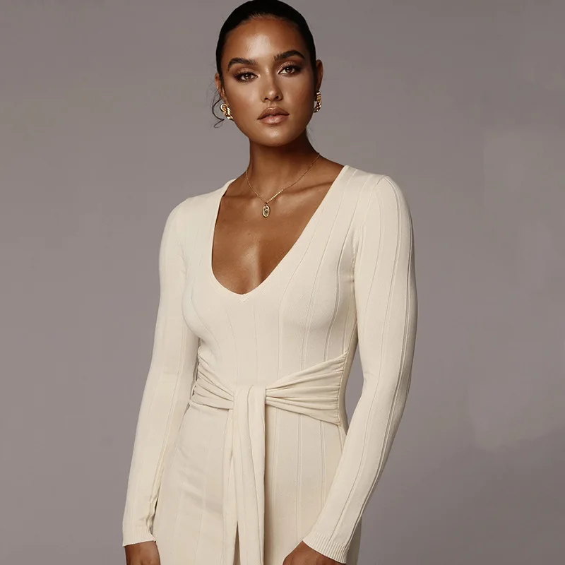 Платье Женское Повседневное Вязанное Белое С Длинным Рукавом Весна-Осень Черное