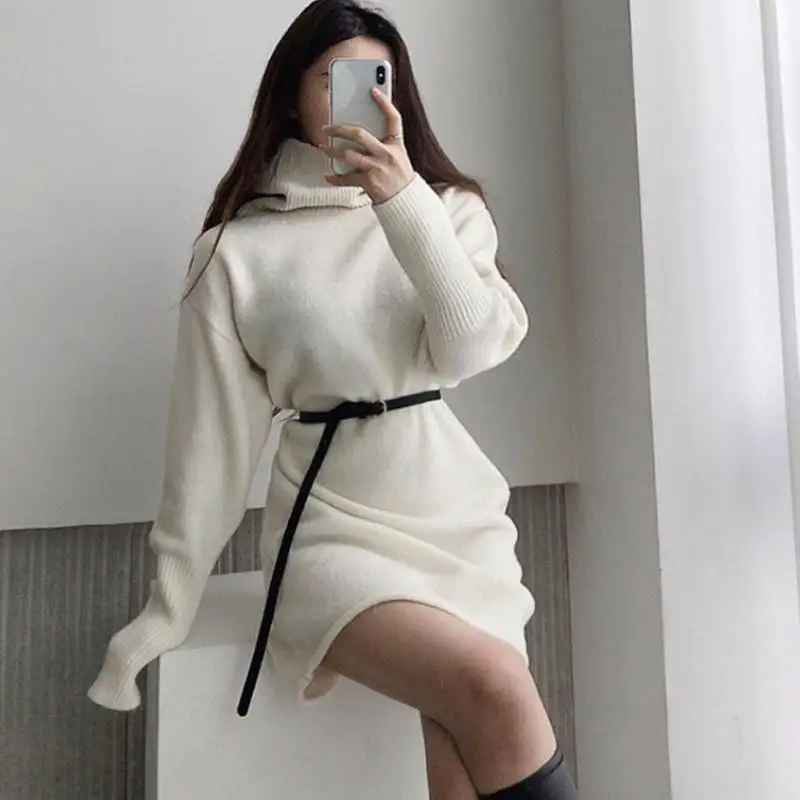 

One Piece Knit Dress Women Korean Loose Turtleneck Sweater Knitted Dresses Woman Autumn Winter Pullover Midi Dress Female Robe