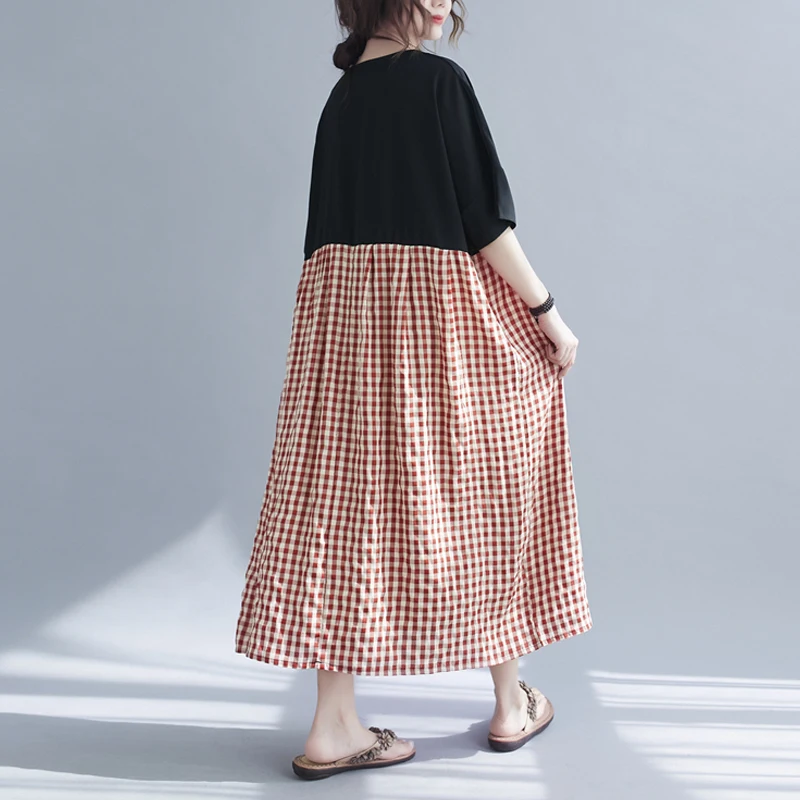 

Plus Size Vestidos Sundress Literature and art V-Neck Women Female Plaid Linen Style Patchwork Loose Vintage Casual Dress 4XL