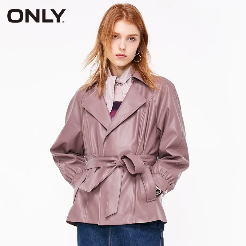Только для женщин ретро свободная талия PU куртка короткая с поясом зимнее пальто