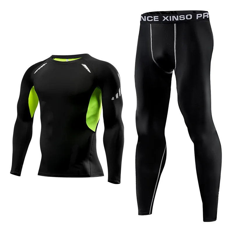 Спортивный костюм для мужчин Новые однотонные фитнес-плотно прилегающие комплекты быстро сохнут мужские рубашки и пробежки