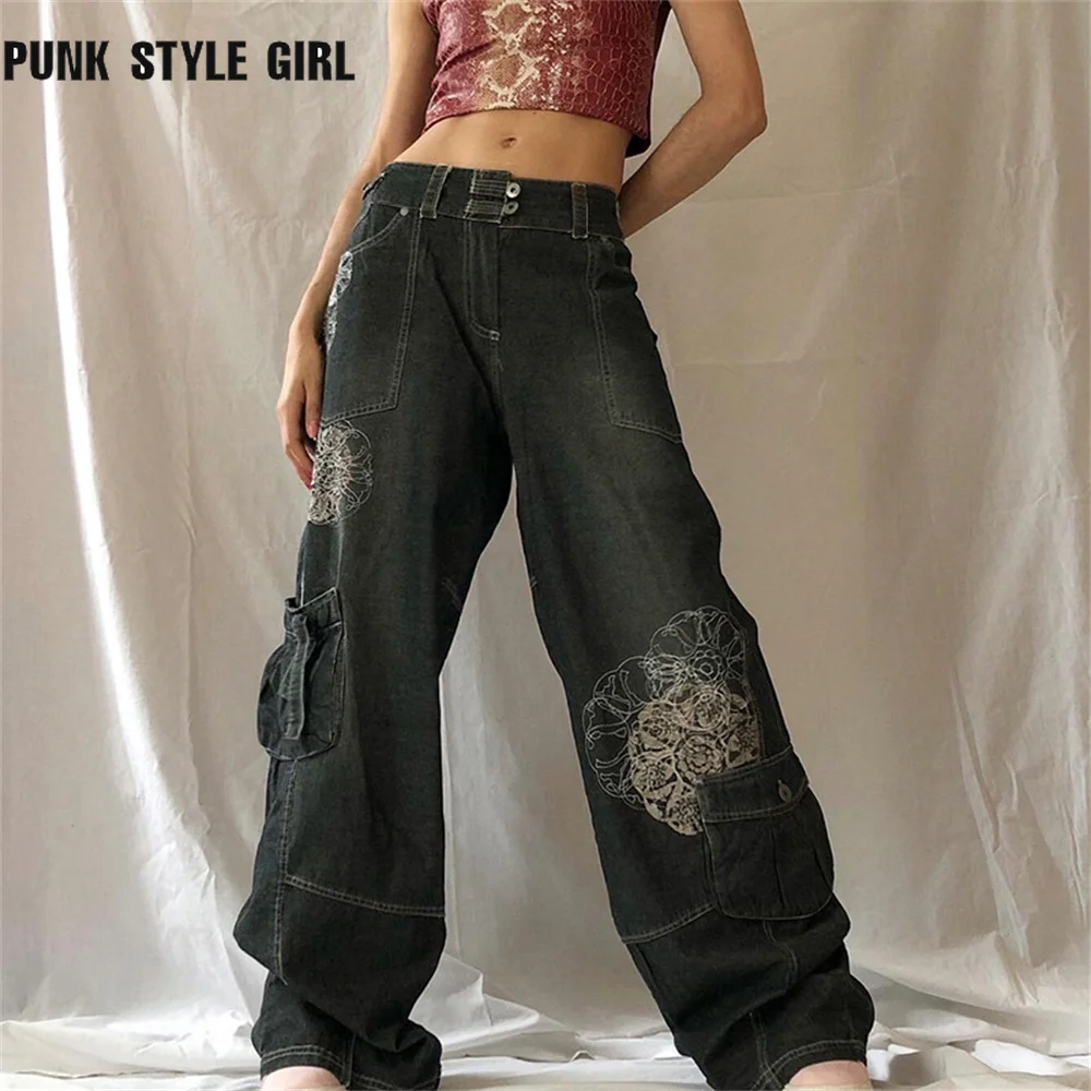 

Streetwear Big Pocket Cargo Pants Y2k Grunge Baggy Jeans Harajuku Denim Grunge Low Waist Jeans Techwear 90s Flower Baggy Jogger