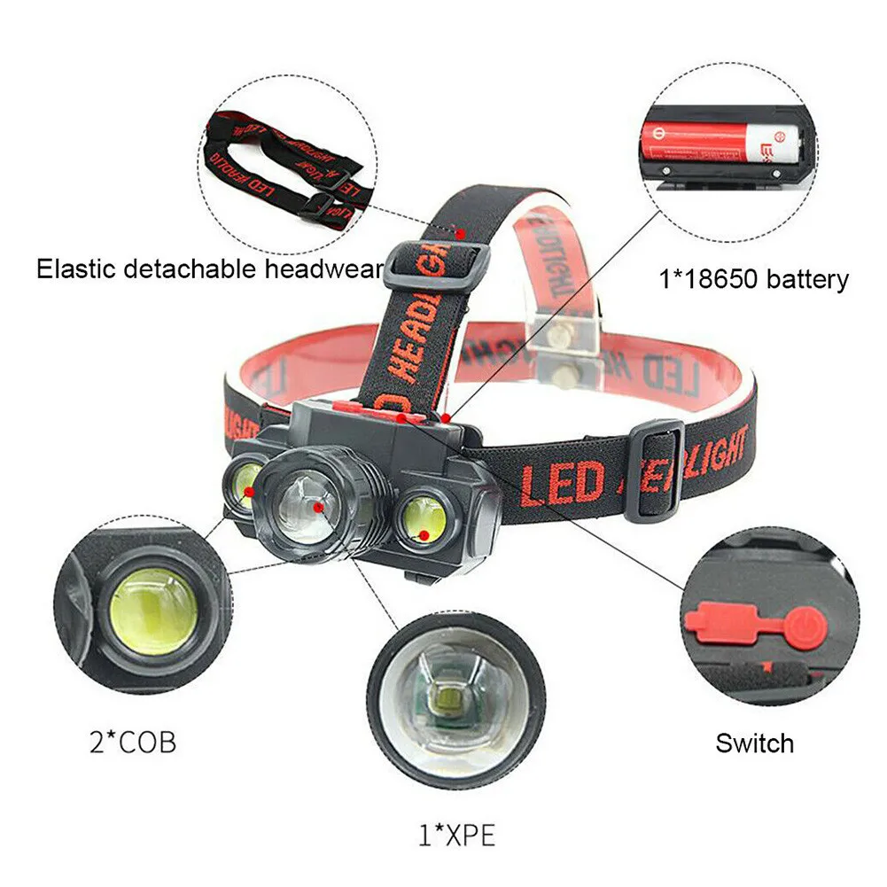 

Super Bright LED Headlight Head Torch Headlamp USB Rechargeable Fish Night Lamp 1x XPE + 2 X COB Charging/1x18 650 Battery