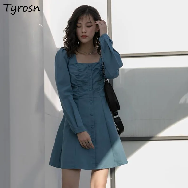 

Женское офисное платье с длинным рукавом, универсальное мини-платье трапециевидной формы с высокой талией, элегантная простая уличная одеж...