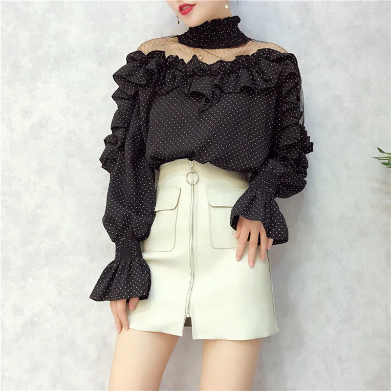 Женская шифоновая блузка в горошек с воротником-стойкой и расклешенными