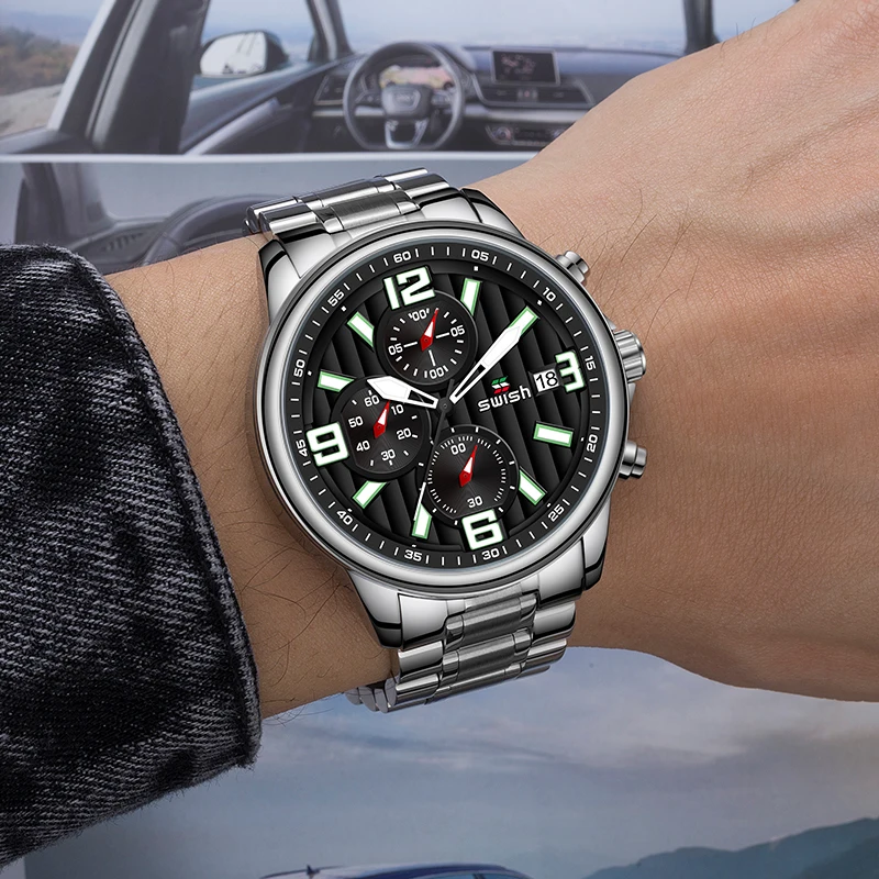 Мужские наручные часы с хронографом брендовые Роскошные деловые SWISH календарем
