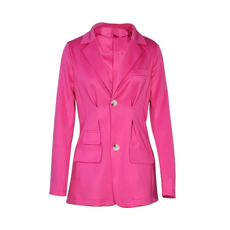 

Elegant Office Lady Blazer Jacket 2021 Spring Women Long Sleeve Notched Single Breated Pocket Slim OL Workwear Outwear