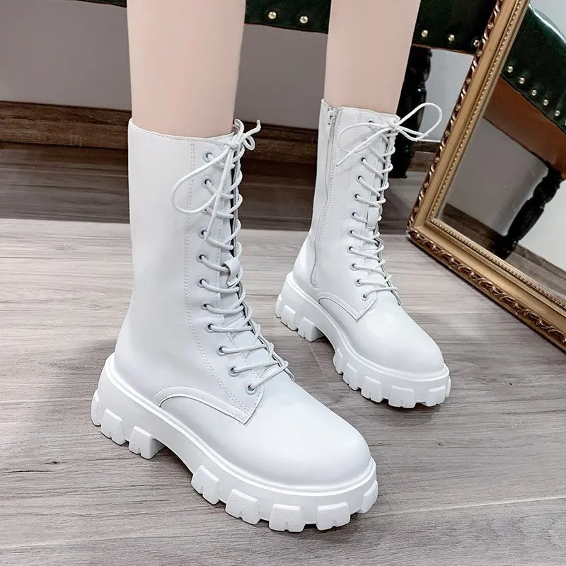 

Mid Calf Boots Women Autumn Winter Fashion Lace-up Zipper Botas Mujer Boots Sports Platform Heel Ladies Shoes