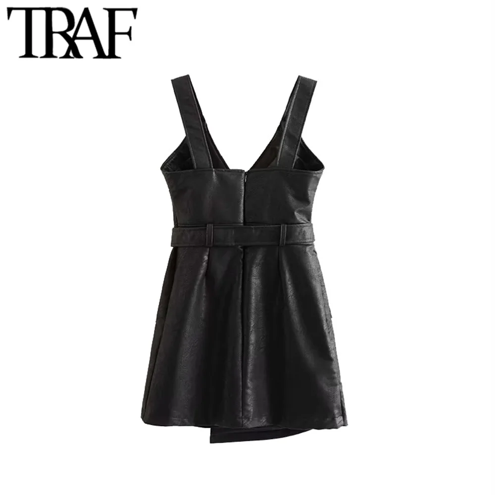 Женское платье из искусственной кожи TRAF винтажное Асимметричное мини-платье с
