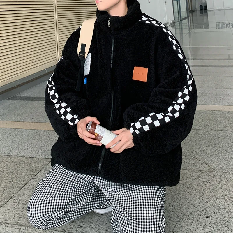 Men's Fashion Imitation Lamb Wool Coat Plus Velvet Thick Plaid Stitching Cotton Clothing Ins Trend Couple Warm Winter Jacket