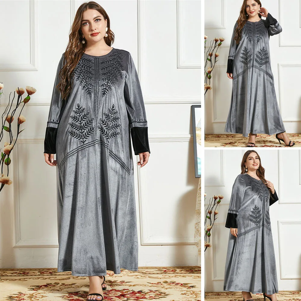 Длинное бархатное платье в мусульманском стиле Дубай, Арабская абайя, исламский бархат, Женский кафтан с круглым вырезом, свободное зимнее ...