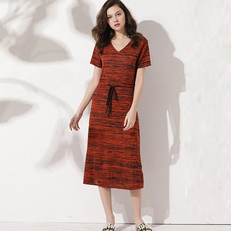 Женское шелковое платье с V-образным вырезом коротким рукавом и эластичной