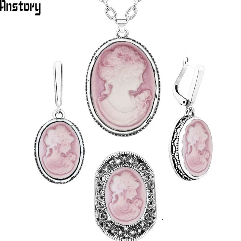 Lady Queen Cameo Jewelry Sets Vintage Necklace Earrings Ring For Women Flower Pendant Fashion Party Fashion Jewelry